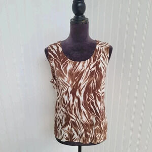 Talbots Women's Brown White Print Knit Stretch Sleeveless Shirt Top Sweater Sz L